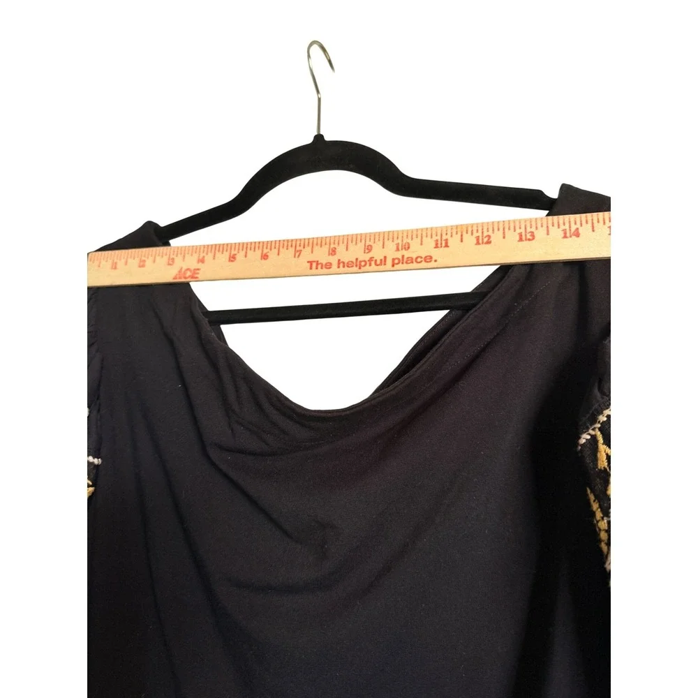 Boho Festival Free People Black Embroidered Puff Sleeve Off Shoulder Top Med
